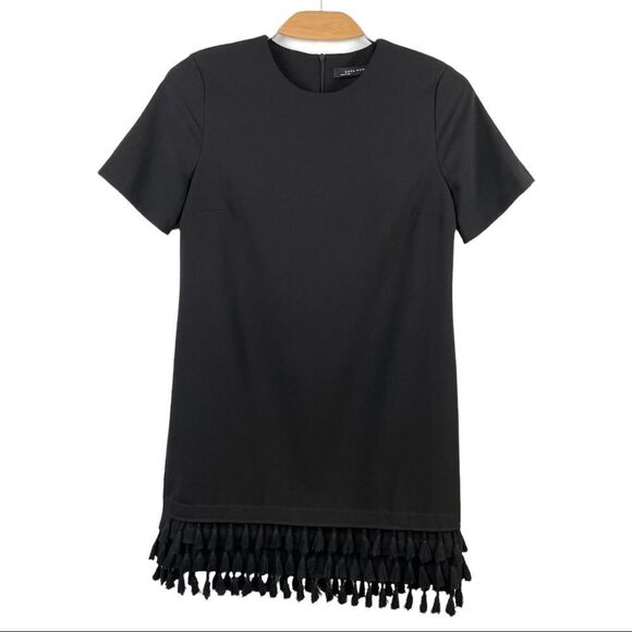 Zara Black Tassel Hem Boho Short Sleeved Shift Mini Dress Size S - Picture 4 of 8